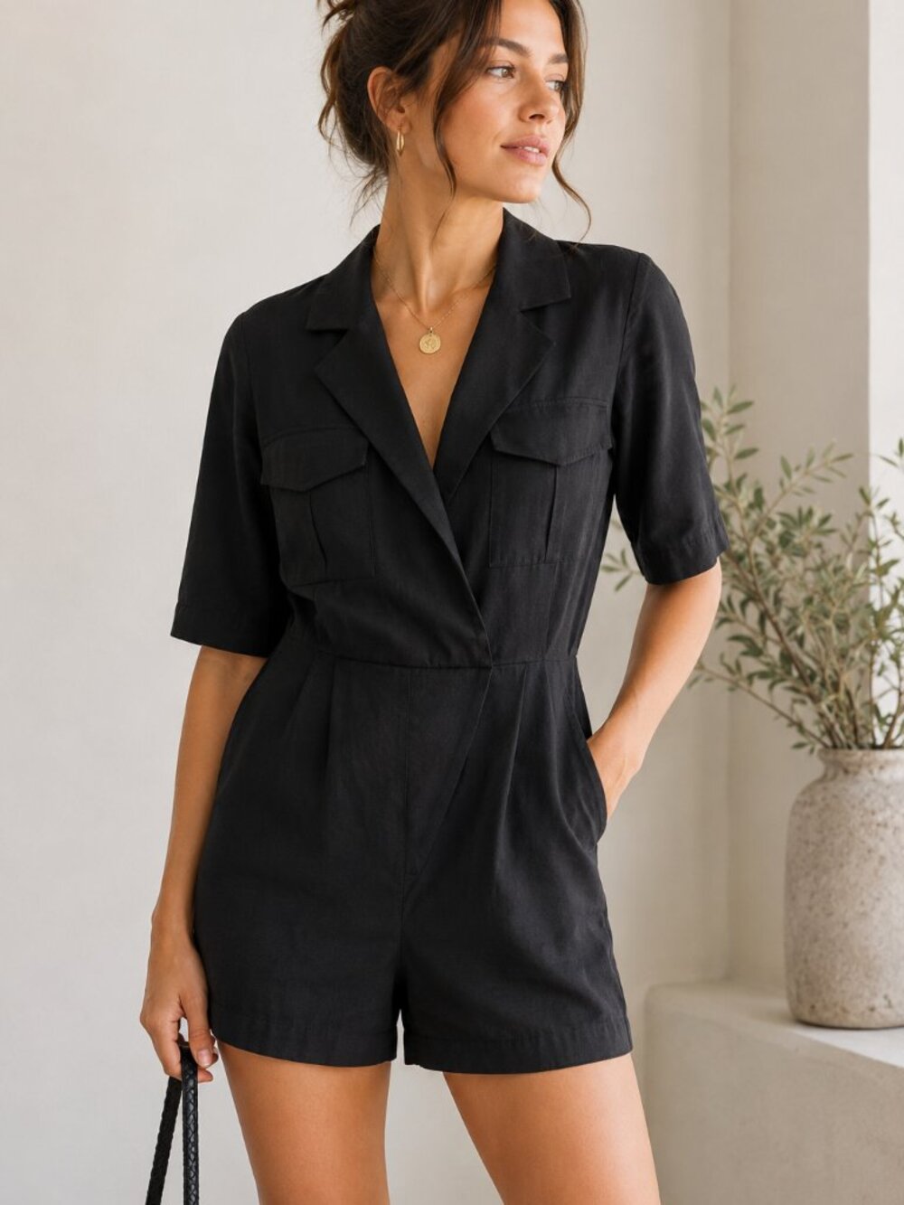 ba&sh Cali Black Tailored Romper Jumpsuit Utility Pocket Short Sleeve Sz 6 1293